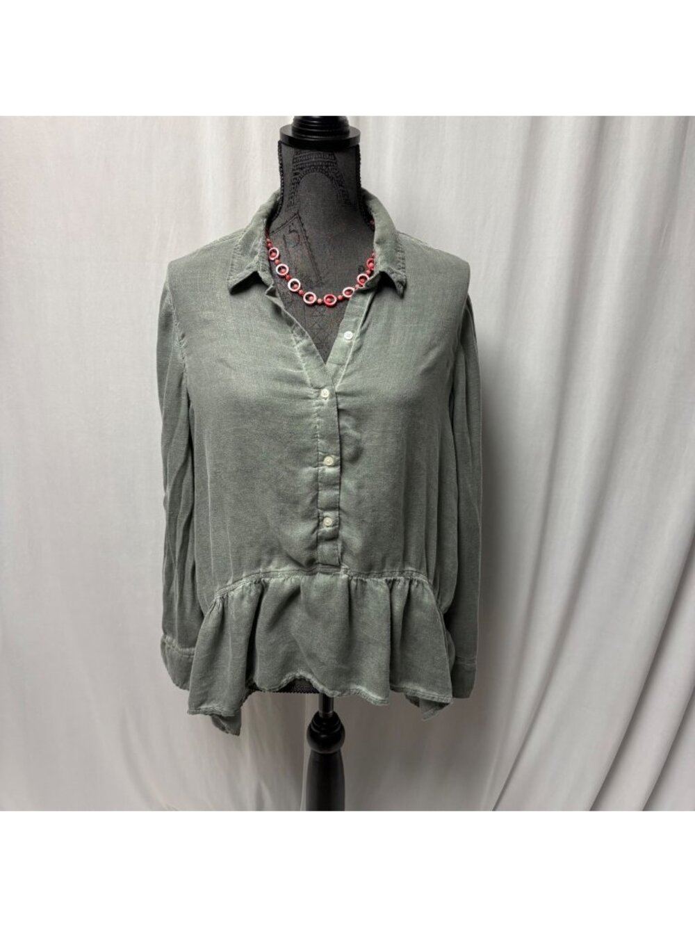 ana A New Approach Peplum Blouse Womens Size XL Green Long Sleeve Button-Down